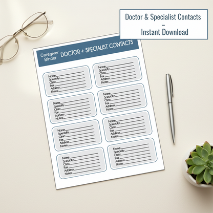 Doctor + Specialist Contacts – Caregiver Binder Printable