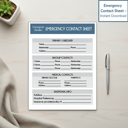 Emergency Contact Sheet – Caregiver Binder Printable
