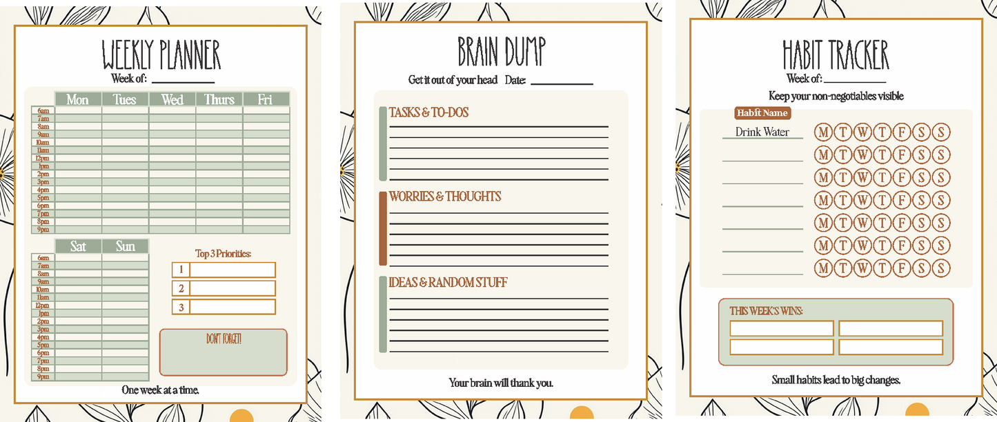 Productivity Printable Bundle showing Weekly Planner, Brain Dump Worksheet, and Habit Tracker side by side with matching botanical design