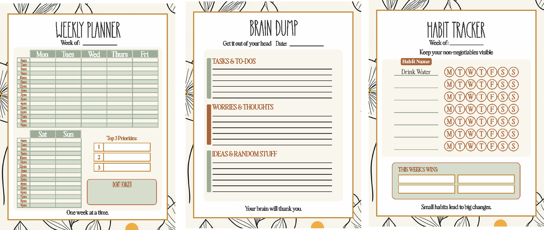 Productivity Printable Bundle showing Weekly Planner, Brain Dump Worksheet, and Habit Tracker side by side with matching botanical design