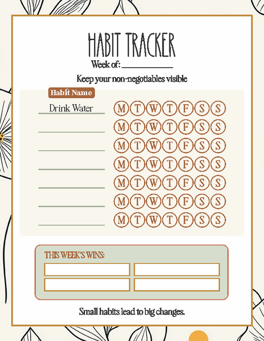 Habit Tracker printable with botanical design, featuring weekly day circles and a This Week's Wins section