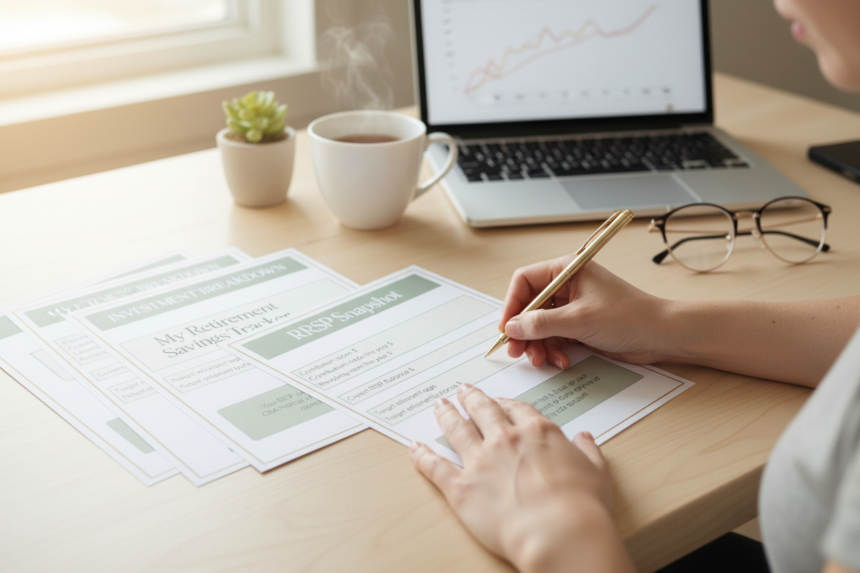 Hands writing in the RRSP Snapshot printable page at a home office desk