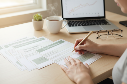 Hands writing in the RRSP Snapshot printable page at a home office desk