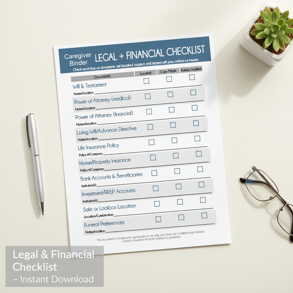 Legal + Financial Checklist – Caregiver Binder Printable