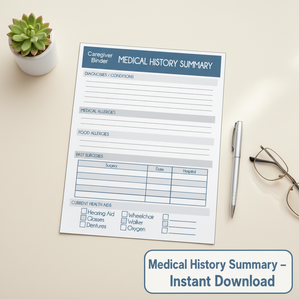 Medical History Summary – Caregiver Binder Printable