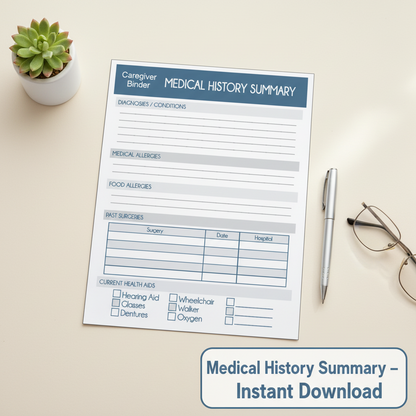Medical History Summary – Caregiver Binder Printable