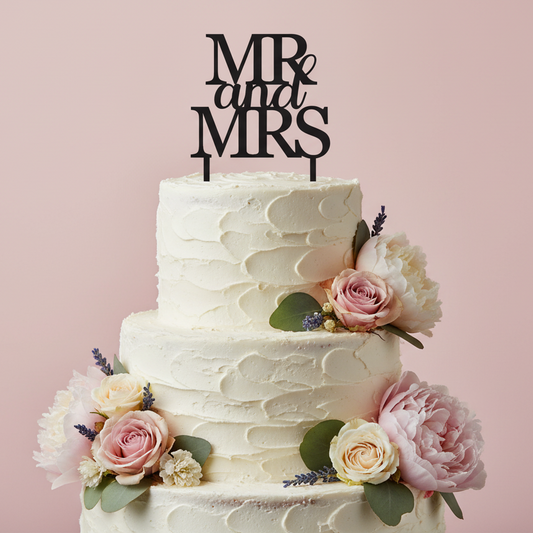 Mr and Mrs cake topper on rustic wedding cake