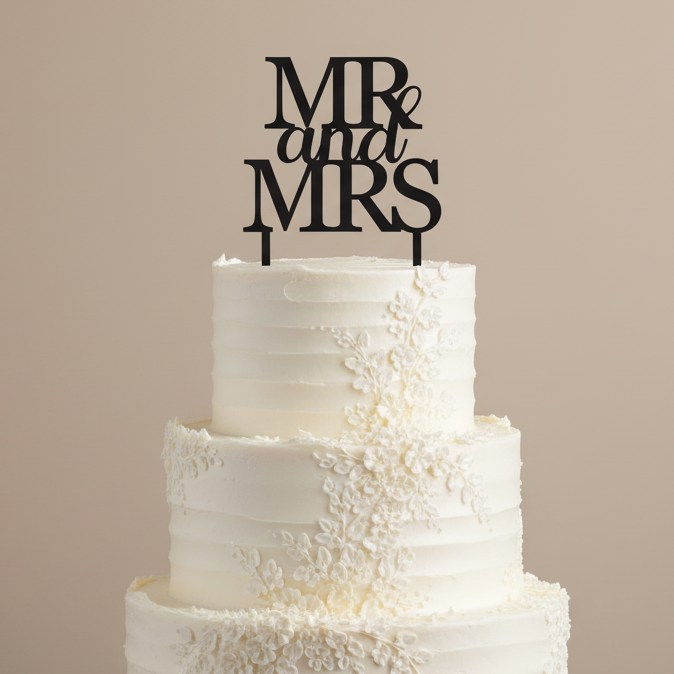 Mr and Mrs cake topper on wedding cake with solid background